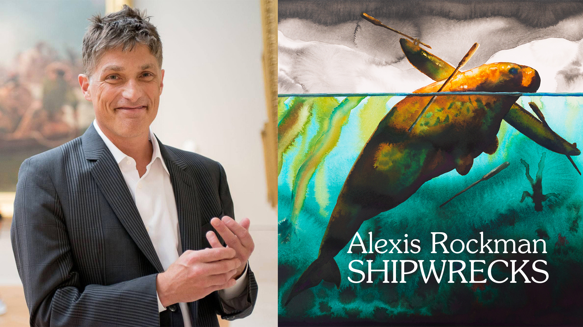 Composite image of Alexis Rockman and a painting from his Shipwrecks series featuring a manatee, wood debris, and a drowning human