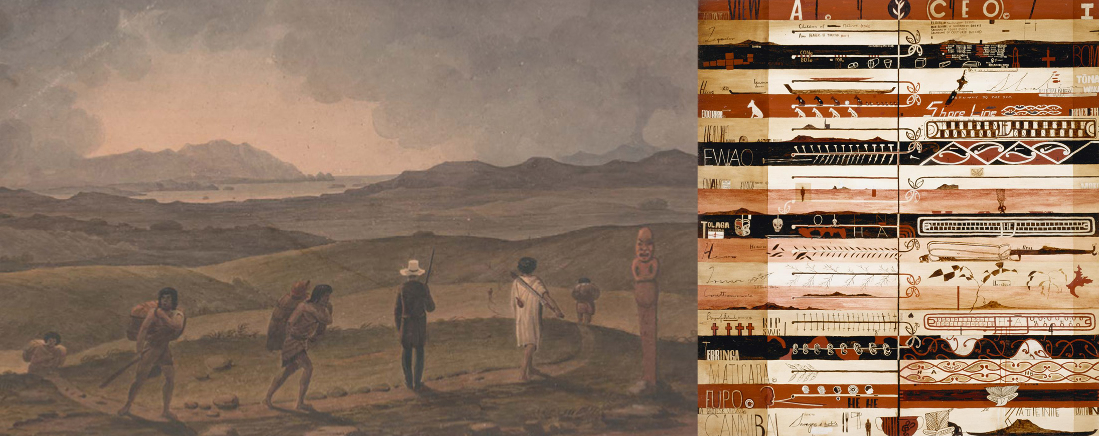 LEFT: Augustus Earle, Distant View of the Bay of Islands, 1827. Watercolor on paper. National Library of Australia, Rex Nan Kivell Collection NK12/70; RIGHT: Shane Cotton, Viewed, 1997. Oil on canvas. National Gallery of Victoria, Melbourne 1997.424 © Shane Cotton