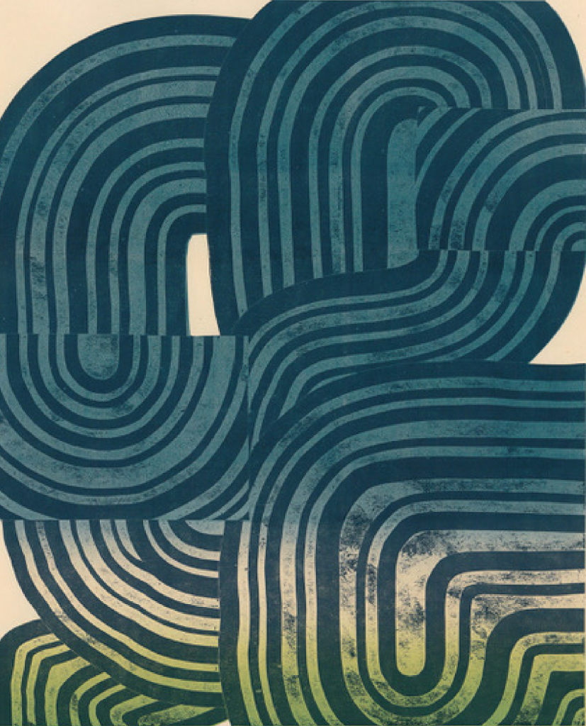 A print by Taro Takizawa with a series of curved, striped forms printed in different directions and changing in color gradually from a teal blue at the top to a sage green at the bottom.