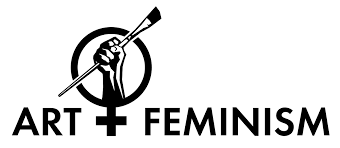 Art+Feminism logo with the symbol for woman with a fist raising a paintbrush in the center.