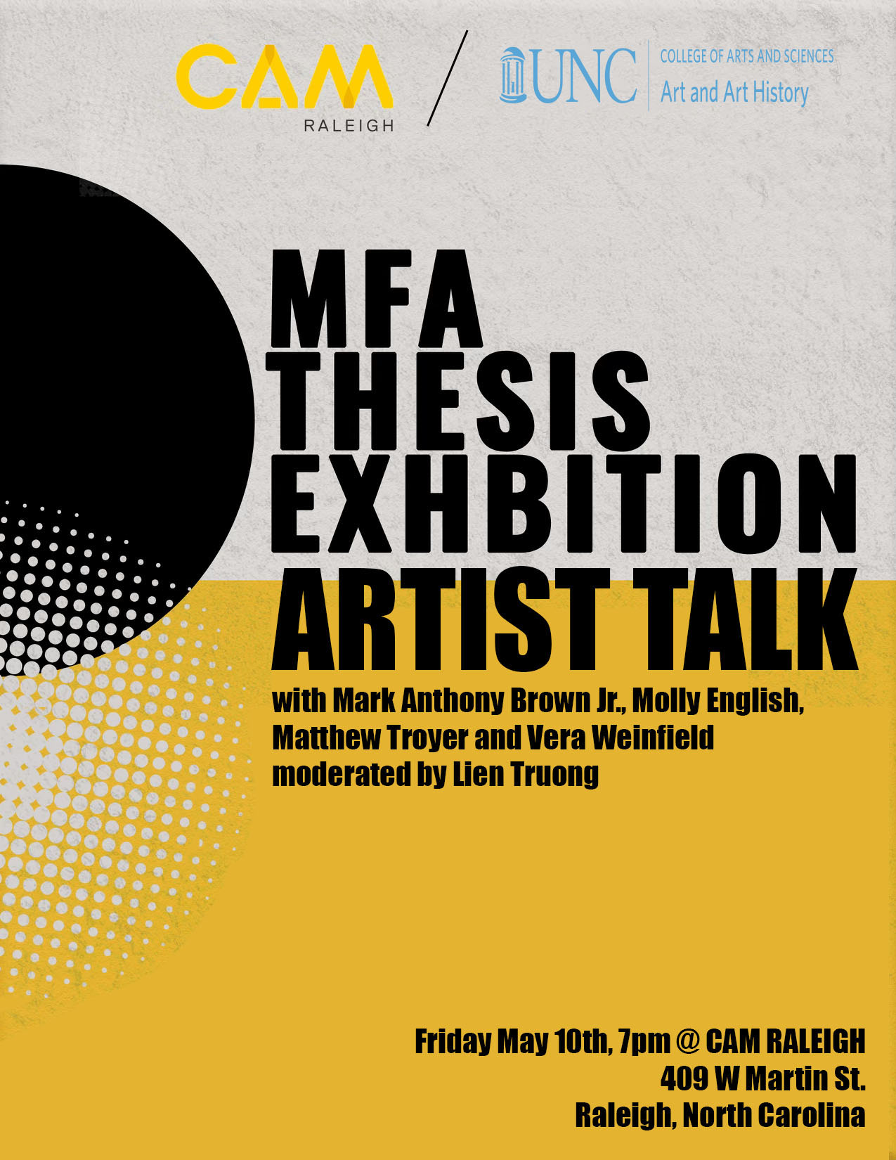 Flyer graphic for the MFA Thesis Exhibitions Artist Talk at CAM Raleigh, May 10, 2024, 7 pm